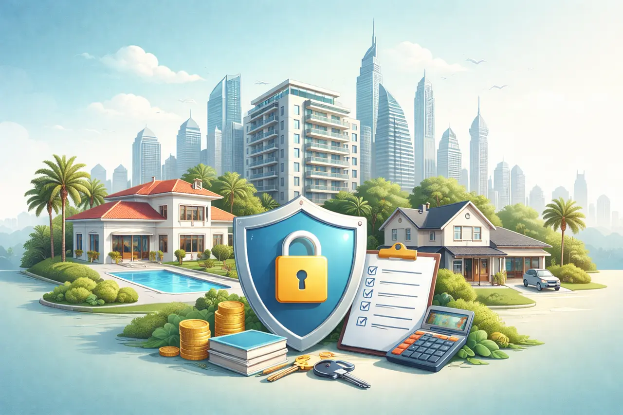 Types of property insurance in Dubai showing home coverage for villas and apartments with security shield financial elements and skyline Presented by Tohid Fetrat