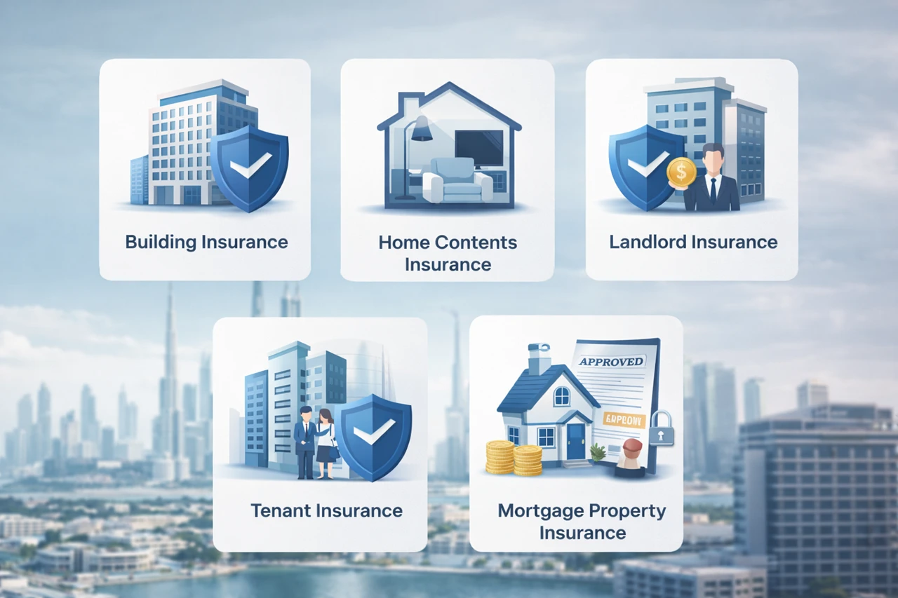 Types of property insurance in Dubai illustration showing building insurance home contents insurance landlord insurance tenant insurance and mortgage property insurance with Dubai skyline background Presented by Tohid Fetrat