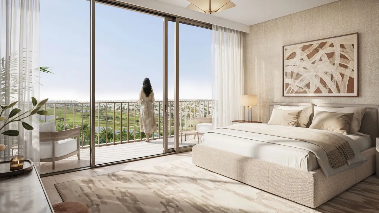 Vista Ridge at Emaar South by Emaar Properties modern bedroom interior with floor to ceiling windows and balcony overlooking golf course landscape in Dubai - Presented by Tohid Fetrat