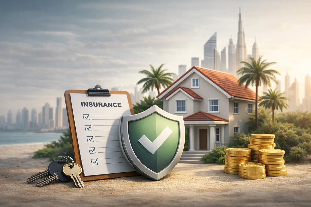 Property insurance in Dubai concept showing a protected house with shield symbol insurance checklist keys and gold coins with Dubai skyline in the background Presented by Tohid Fetrat