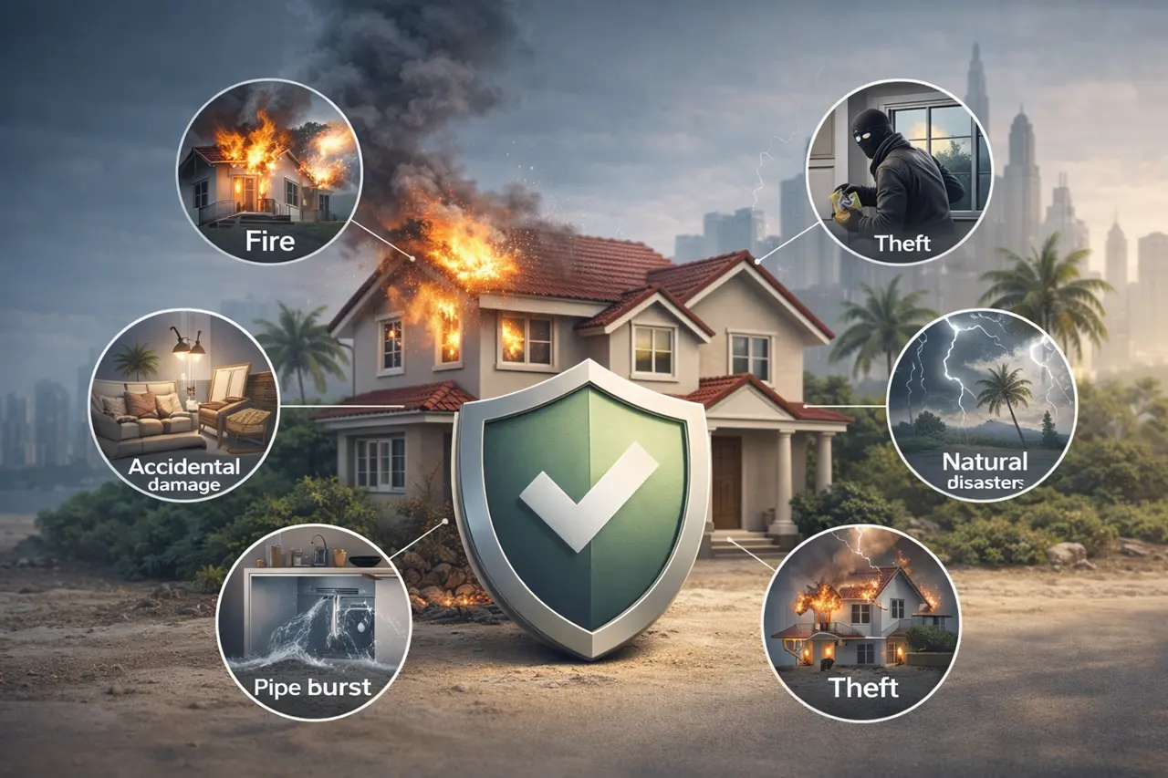 What property insurance typically covers in Dubai showing house fire theft accidental damage pipe burst and natural disaster protection concept with shield symbol Presented by Tohid Fetrat
