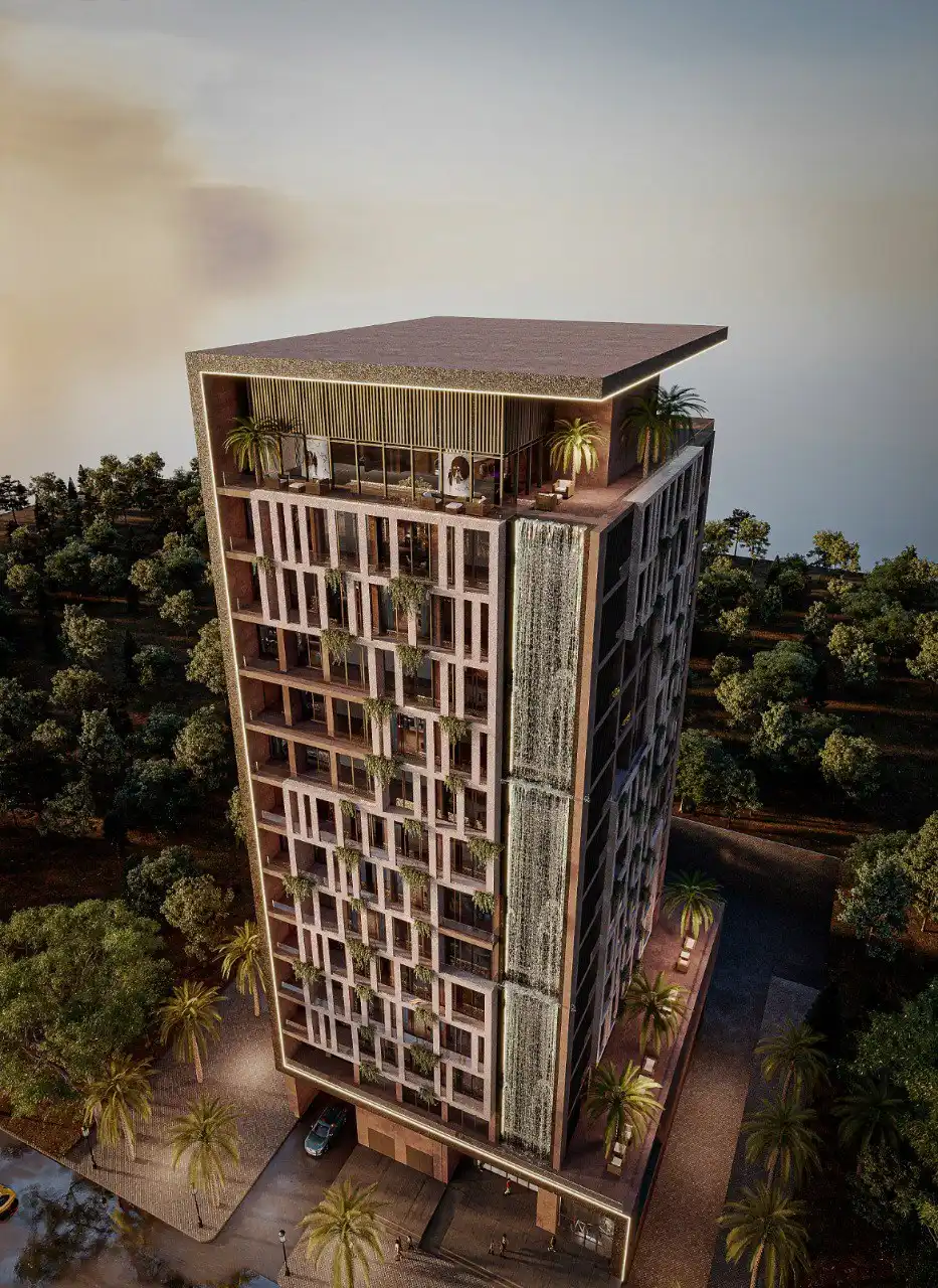 Amazonia at Al Jaddaf Waterfront by Palladium Developments aerial view of modern residential tower with vertical waterfall facade and surrounding greenery in Dubai - Presented by Tohid Fetrat