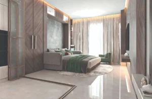 Amazonia at Al Jaddaf Waterfront by Palladium Developments modern bedroom with upholstered bed wooden finishes soft lighting and large curtains in Dubai - Presented by Tohid Fetrat