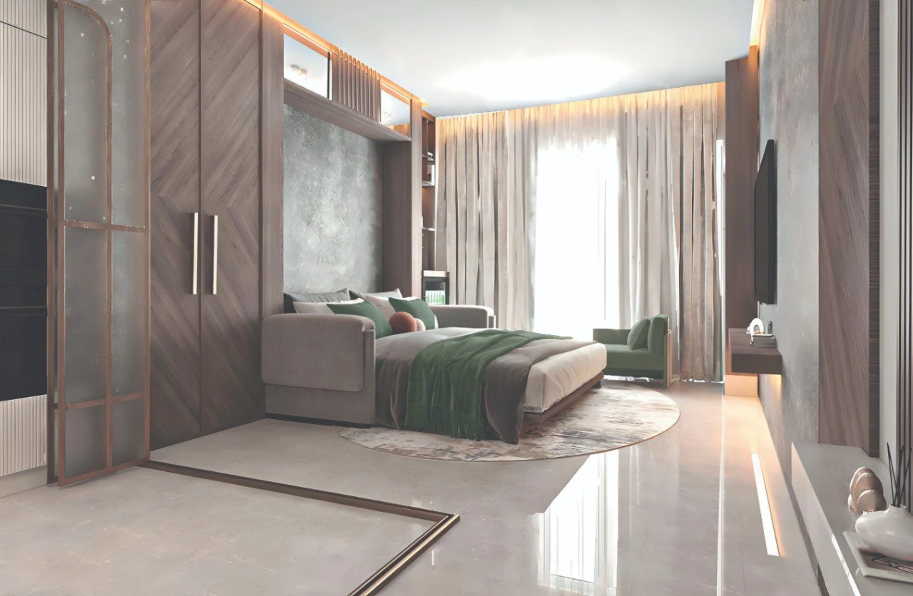 Amazonia at Al Jaddaf Waterfront by Palladium Developments modern bedroom with upholstered bed wooden finishes soft lighting and large curtains in Dubai - Presented by Tohid Fetrat
