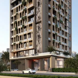 Amazonia at Al Jaddaf Waterfront by Palladium Developments street level entrance with modern facade vertical waterfall and landscaped surroundings in Dubai - Presented by Tohid Fetrat