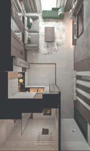 Amazonia at Al Jaddaf Waterfront by Palladium Developments top view of duplex interior with living area below and kitchen layout in modern design in Dubai - Presented by Tohid Fetrat