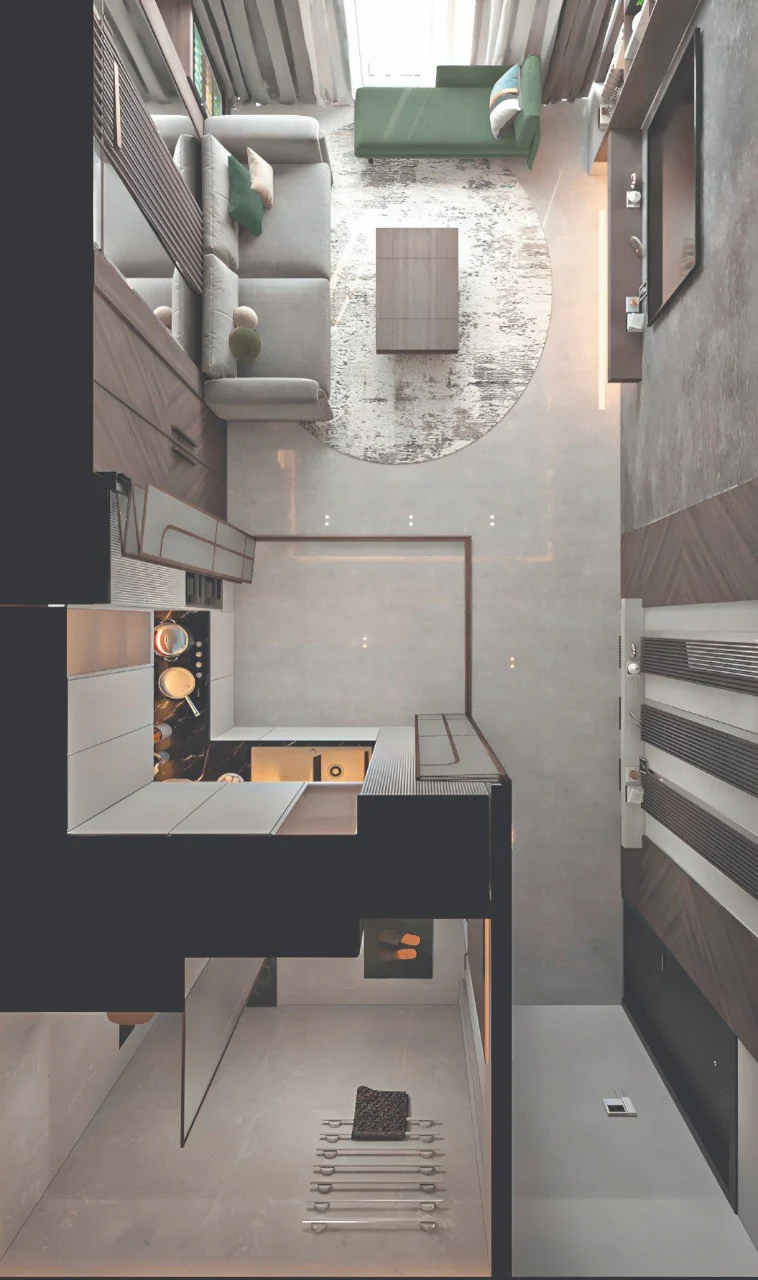 Amazonia at Al Jaddaf Waterfront by Palladium Developments top view of duplex interior with living area below and kitchen layout in modern design in Dubai - Presented by Tohid Fetrat