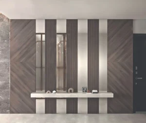 Amazonia at Al Jaddaf Waterfront by Palladium Developments feature wall with vertical panels floating console and decorative accents in a modern interior in Dubai - Presented by Tohid Fetrat