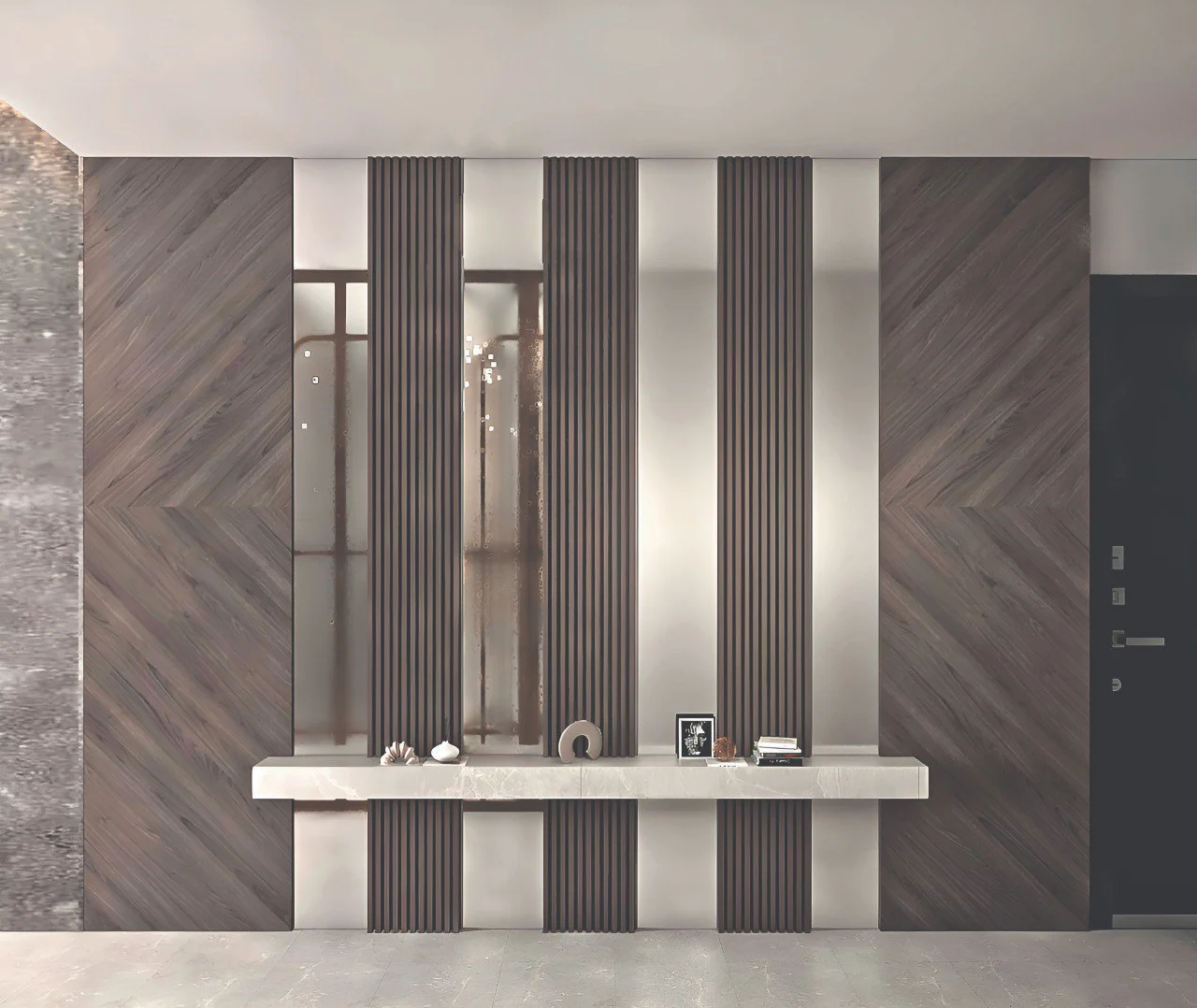 Amazonia at Al Jaddaf Waterfront by Palladium Developments feature wall with vertical panels floating console and decorative accents in a modern interior in Dubai - Presented by Tohid Fetrat