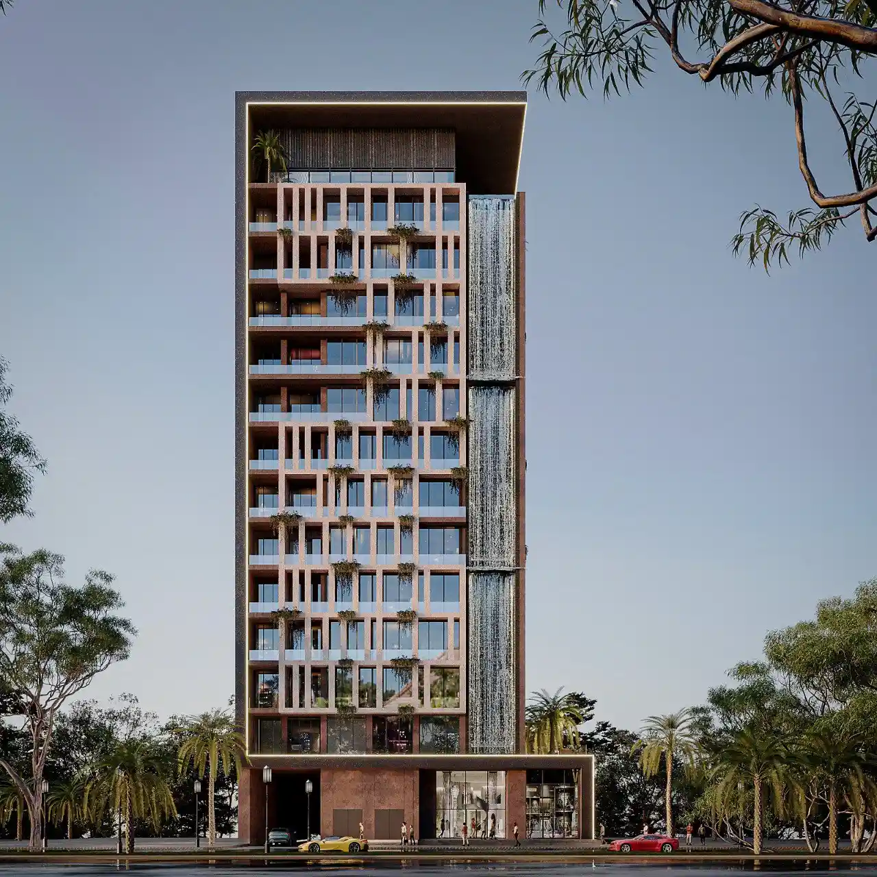 Amazonia at Al Jaddaf Waterfront by Palladium Developments full front elevation of residential tower with vertical waterfall facade and landscaped surroundings in Dubai - Presented by Tohid Fetrat