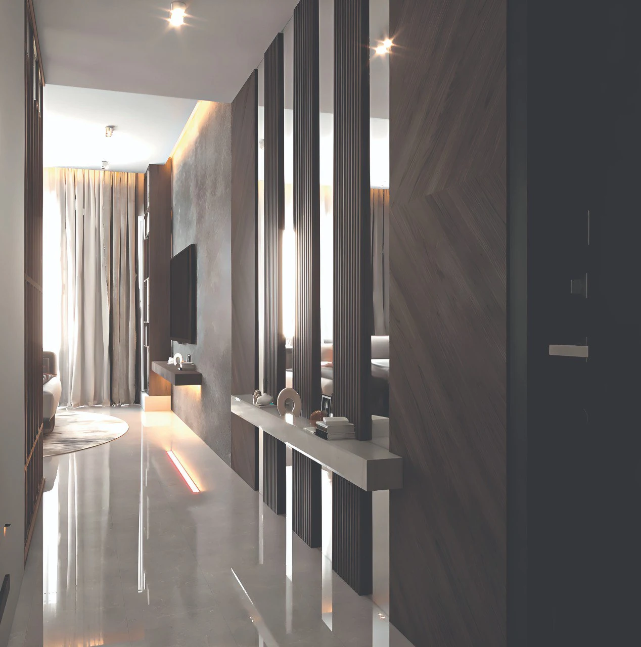 Amazonia at Al Jaddaf Waterfront by Palladium Developments modern hallway with vertical partition panels floating console and ambient lighting in Dubai - Presented by Tohid Fetrat