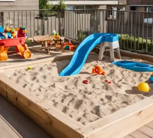 Amazonia at Al Jaddaf Waterfront by Palladium Developments kids play area with sandbox slide toys and outdoor seating in Dubai - Presented by Tohid Fetrat