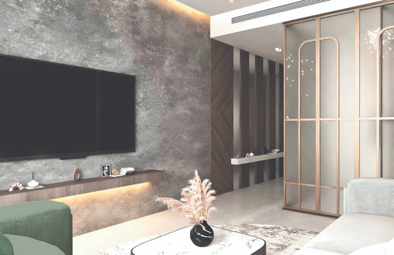 Amazonia at Al Jaddaf Waterfront by Palladium Developments modern living room with textured TV wall floating shelf and contemporary decor in Dubai - Presented by Tohid Fetrat