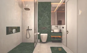 Amazonia at Al Jaddaf Waterfront by Palladium Developments modern bathroom with marble finishes walk in shower floating vanity and ambient lighting in Dubai - Presented by Tohid Fetrat