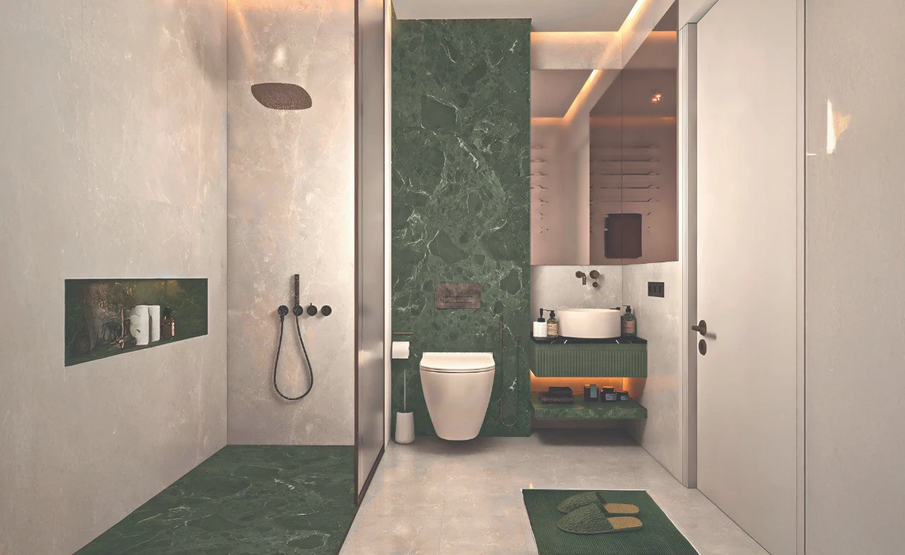 Amazonia at Al Jaddaf Waterfront by Palladium Developments modern bathroom with marble finishes walk in shower floating vanity and ambient lighting in Dubai - Presented by Tohid Fetrat
