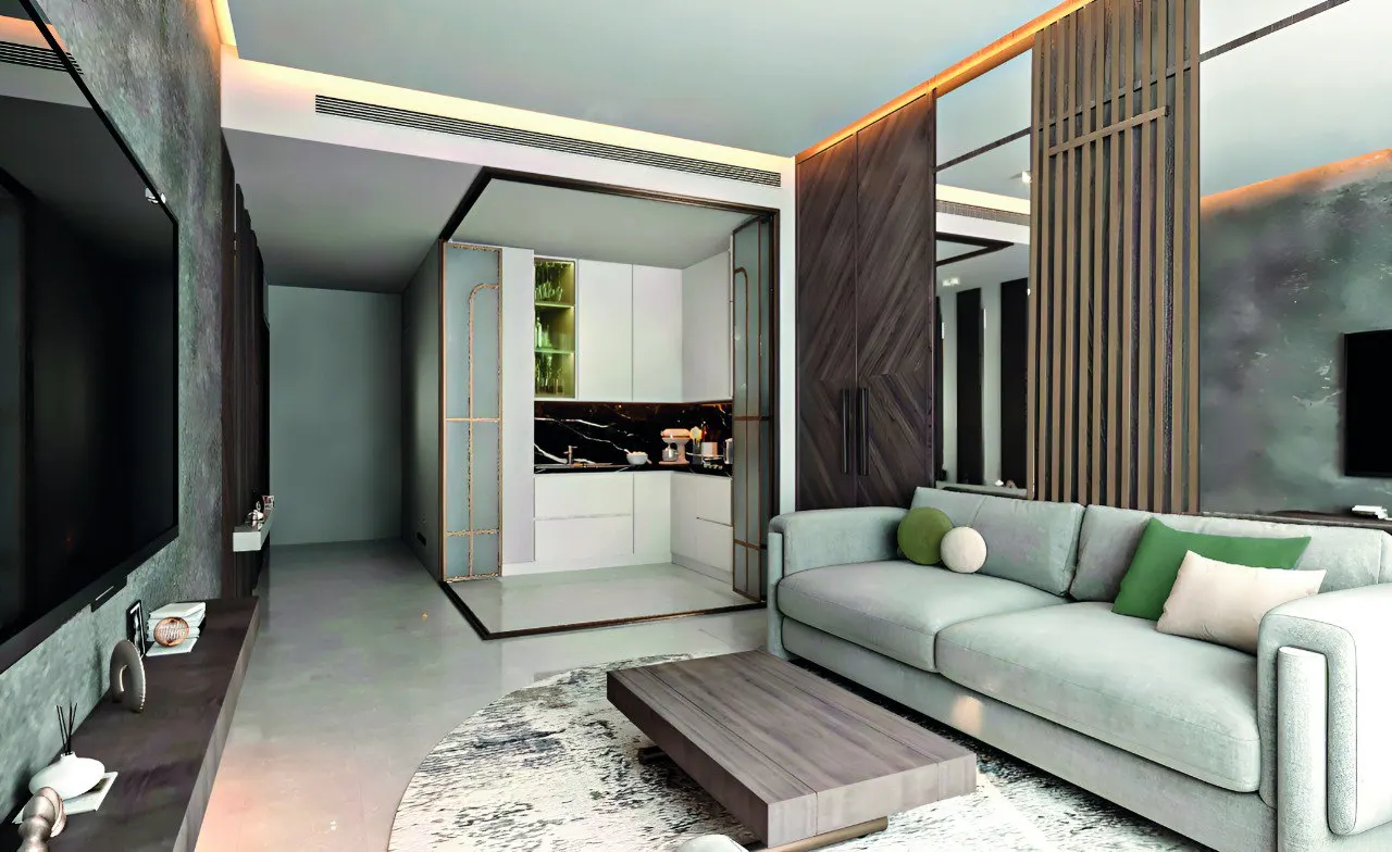 Amazonia at Al Jaddaf Waterfront by Palladium Developments modern living room with sofa wooden accents open kitchen layout and contemporary finishes in Dubai - Presented by Tohid Fetrat