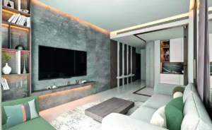 Amazonia at Al Jaddaf Waterfront by Palladium Developments modern living room with TV wall custom shelving open kitchen and contemporary decor in Dubai - Presented by Tohid Fetrat