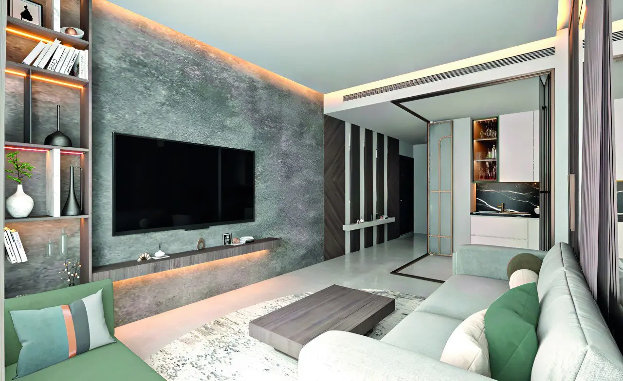 Amazonia at Al Jaddaf Waterfront by Palladium Developments modern living room with TV wall custom shelving open kitchen and contemporary decor in Dubai - Presented by Tohid Fetrat