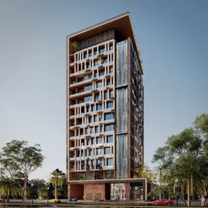 Amazonia at Al Jaddaf Waterfront by Palladium Developments modern residential building facade with vertical waterfall feature and landscaped balconies in Dubai - Presented by Tohid Fetrat