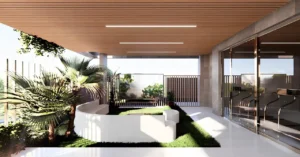 Amazonia at Al Jaddaf Waterfront by Palladium Developments rooftop terrace with garden seating greenery and outdoor lounge space in Dubai - Presented by Tohid Fetrat