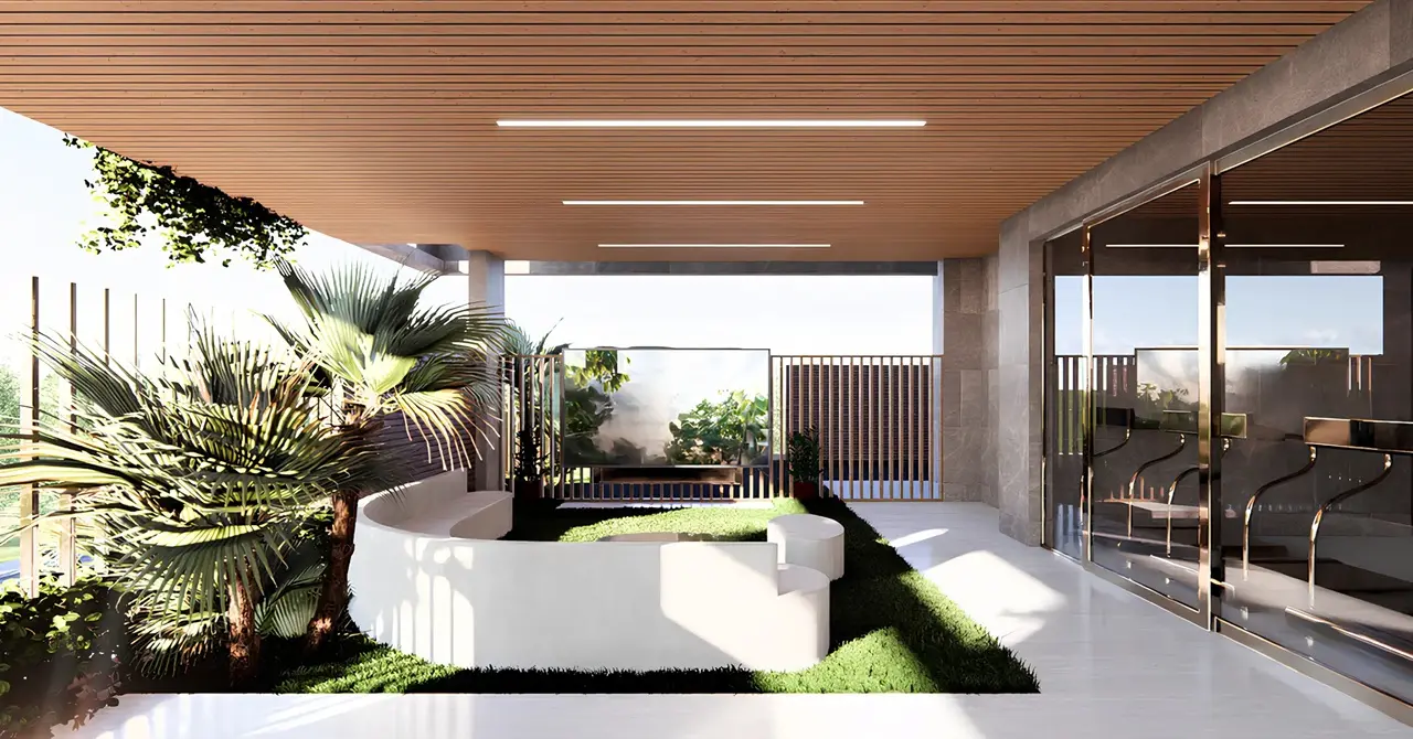 Amazonia at Al Jaddaf Waterfront by Palladium Developments rooftop terrace with garden seating greenery and outdoor lounge space in Dubai - Presented by Tohid Fetrat