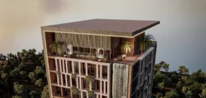 Amazonia at Al Jaddaf Waterfront by Palladium Developments rooftop terrace with lounge seating palm trees and waterfall feature overlooking Dubai - Presented by Tohid Fetrat