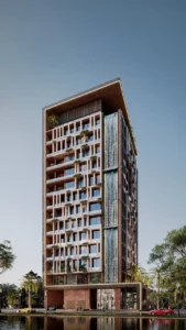 Amazonia at Al Jaddaf Waterfront by Palladium Developments residential tower with vertical waterfall facade reflected in waterfront setting in Dubai - Presented by Tohid Fetrat