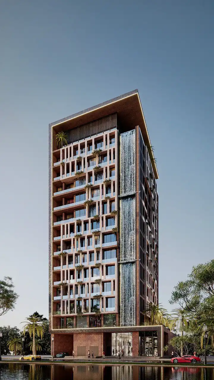 Amazonia at Al Jaddaf Waterfront by Palladium Developments residential tower with vertical waterfall facade reflected in waterfront setting in Dubai - Presented by Tohid Fetrat