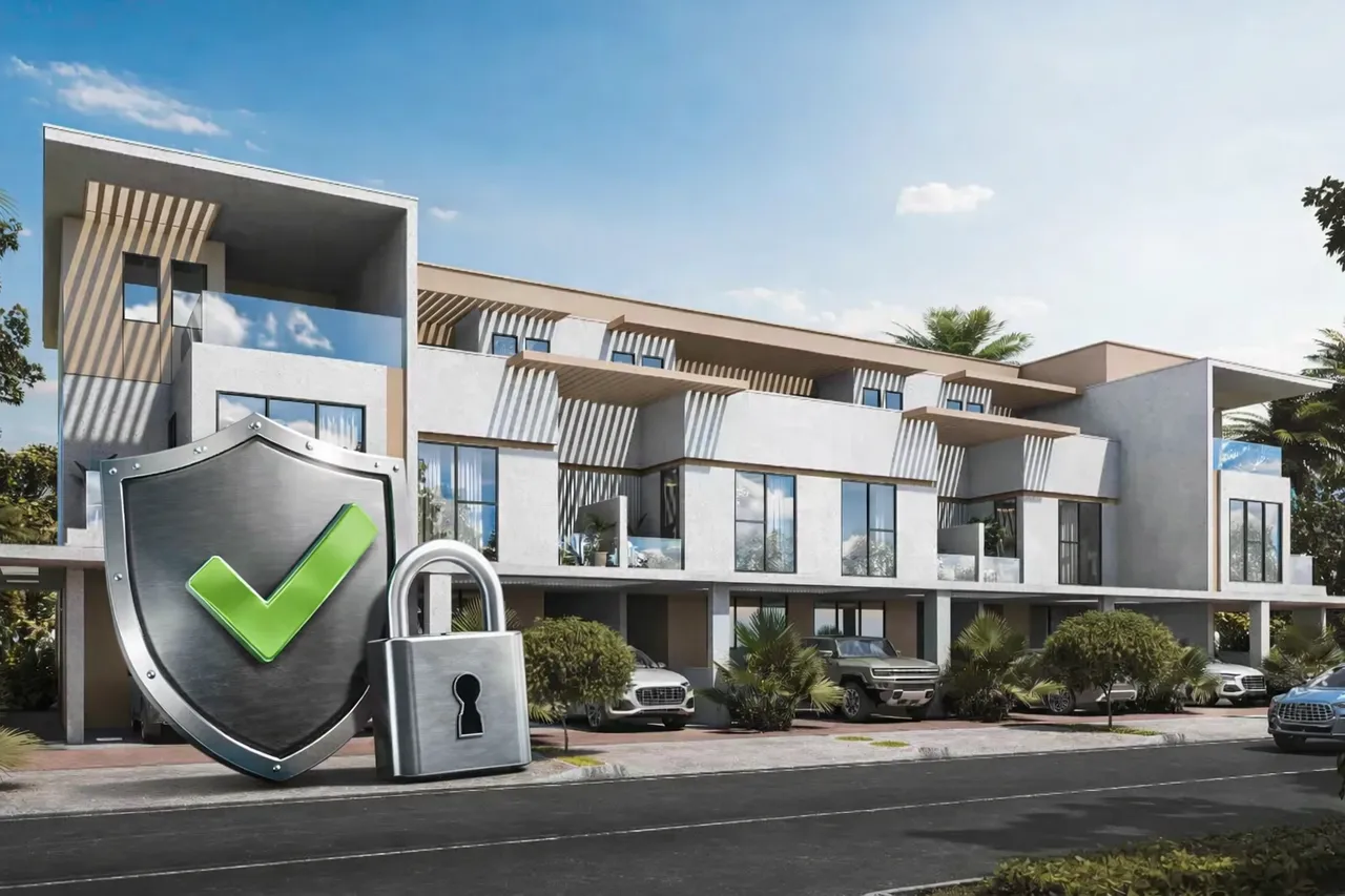 Antigua DAMAC Islands 2 Dubai townhouses with escrow account concept shield and lock representing secure property investment Presented by Tohid Fetrat