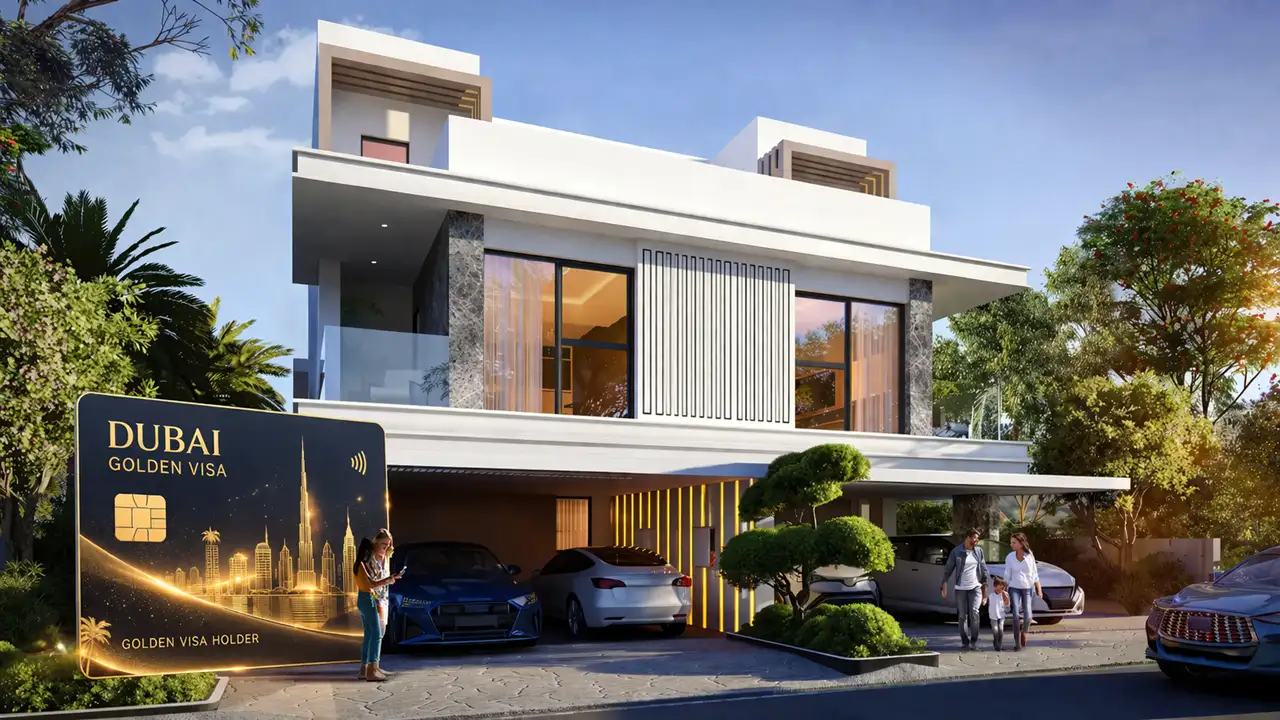 Antigua at DAMAC Islands 2 Dubai villa with Golden Visa card and family representing property investment eligibility Presented by Tohid Fetrat