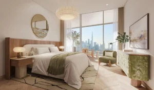 Artistry Two Residences by Select Group 2 bedroom master bedroom interior with floor to ceiling windows and Dubai skyline view in Dubai - Presented by Tohid Fetrat