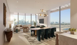 Artistry Two Residences by Select Group 2 bedroom living and dining area with floor to ceiling windows and panoramic Dubai skyline view in Dubai - Presented by Tohid Fetrat