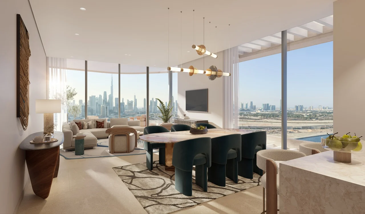 Artistry Two Residences by Select Group 2 bedroom living and dining area with floor to ceiling windows and panoramic Dubai skyline view in Dubai - Presented by Tohid Fetrat