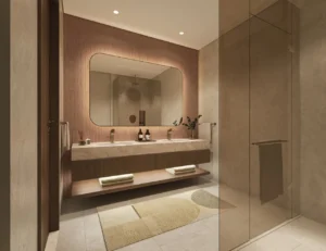 Artistry Two Residences by Select Group 3 bedroom bathroom interior with double vanity and walk in glass shower in Dubai - Presented by Tohid Fetrat