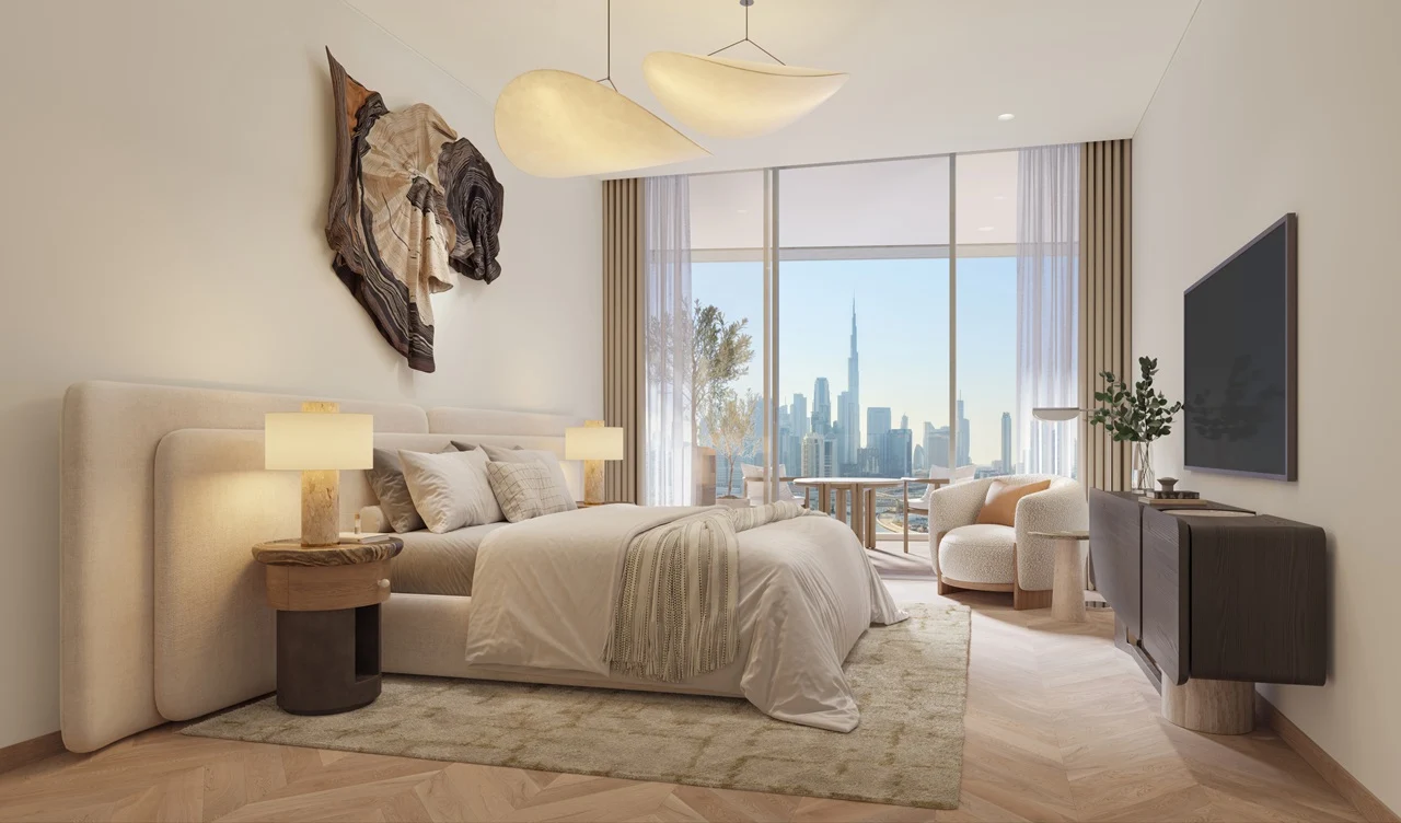 Artistry Two Residences by Select Group 3 bedroom bedroom interior with floor to ceiling windows and Dubai skyline view in Dubai - Presented by Tohid Fetrat