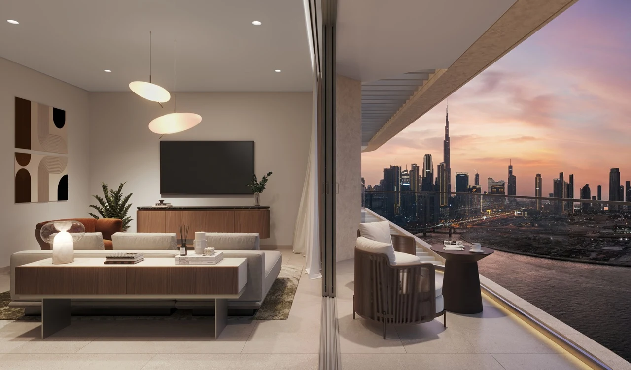Artistry Two Residences by Select Group 1 bedroom living room interior with modern furniture and open balcony skyline view in Dubai - Presented by Tohid Fetrat
