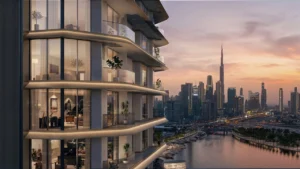 Artistry Two Residences by Select Group curved balconies exterior with Dubai skyline and waterfront canal view at sunset in Dubai - Presented by Tohid Fetrat