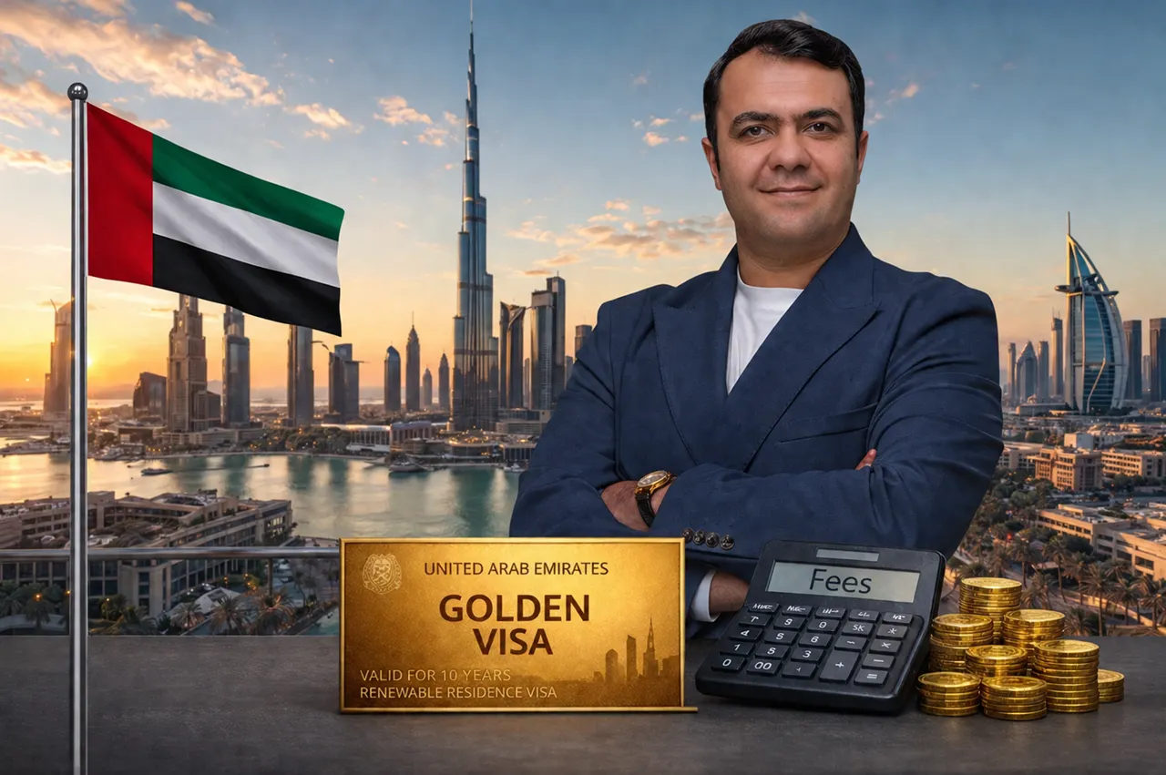 Dubai Golden Visa fees concept with UAE flag skyline and investment elements for Artistry Two Residences - Presented by Tohid Fetrat