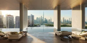 Artistry Two Residences by Select Group infinity pool with lounge seating and panoramic Dubai skyline view in Dubai - Presented by Tohid Fetrat