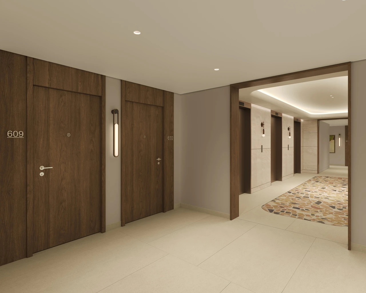 Artistry Two Residences by Select Group lobby corridor with apartment entrances and elevator area featuring modern finishes in Dubai - Presented by Tohid Fetrat