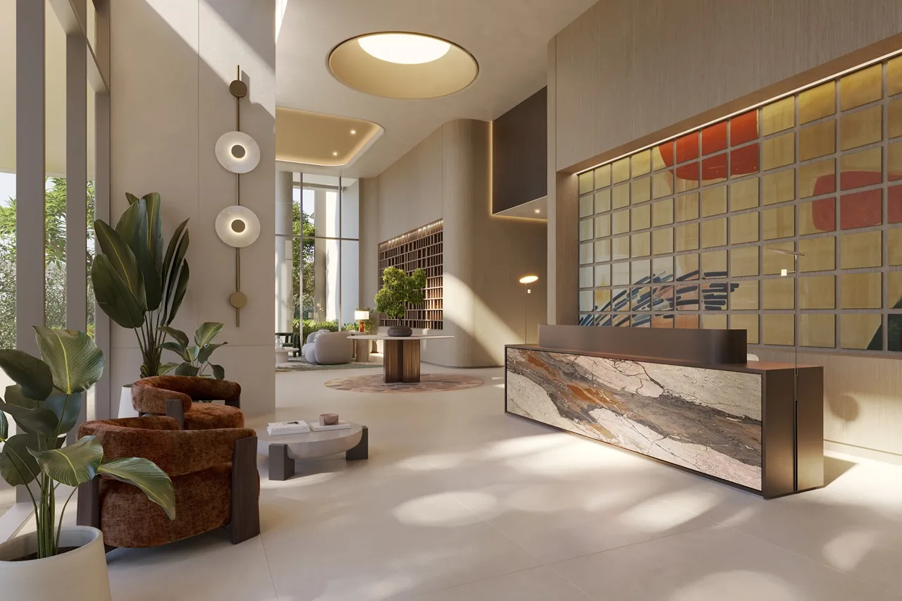 Artistry Two Residences by Select Group lobby reception area with modern seating marble desk and artistic wall design in Dubai - Presented by Tohid Fetrat