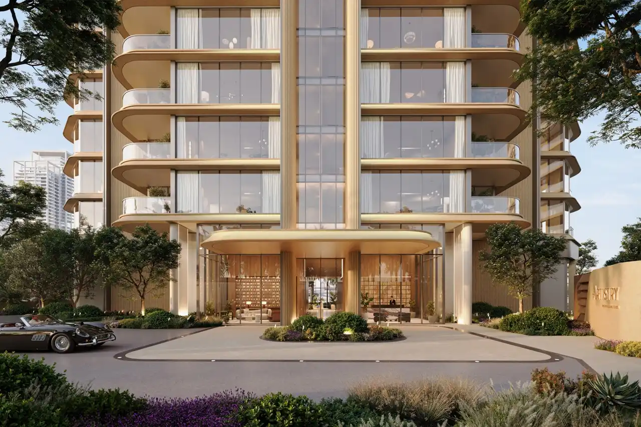 Artistry Two Residences by Select Group main entrance exterior with landscaped driveway and modern façade in Dubai - Presented by Tohid Fetrat