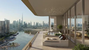 Artistry Two Residences by Select Group penthouse balcony terrace with lounge seating private pool and panoramic Dubai skyline view in Dubai - Presented by Tohid Fetrat