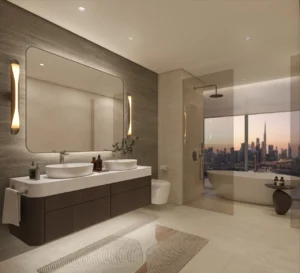 Artistry Two Residences by Select Group penthouse bathroom with double vanity freestanding bathtub and Dubai skyline view in Dubai - Presented by Tohid Fetrat