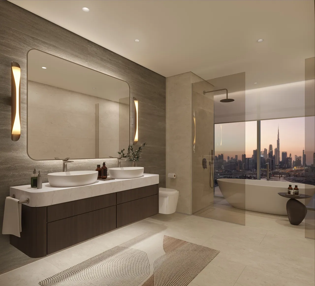 Artistry Two Residences by Select Group penthouse bathroom with double vanity freestanding bathtub and Dubai skyline view in Dubai - Presented by Tohid Fetrat