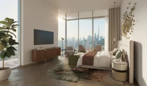 Artistry Two Residences by Select Group penthouse bedroom with floor to ceiling windows and panoramic Dubai skyline view in Dubai - Presented by Tohid Fetrat