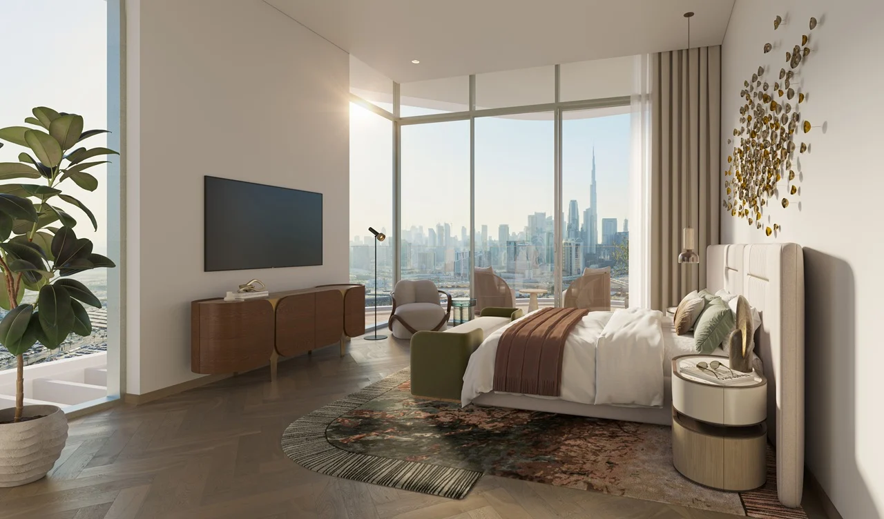 Artistry Two Residences by Select Group penthouse bedroom with floor to ceiling windows and panoramic Dubai skyline view in Dubai - Presented by Tohid Fetrat