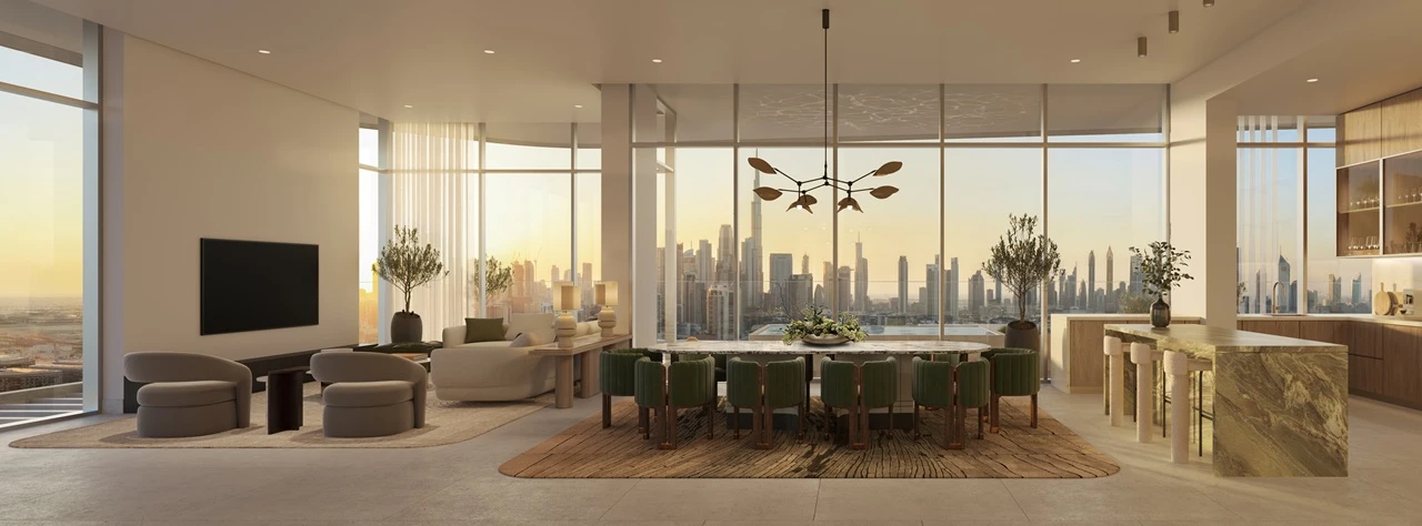 Artistry Two Residences by Select Group penthouse kitchen and dining area with open layout and panoramic Dubai skyline view in Dubai - Presented by Tohid Fetrat