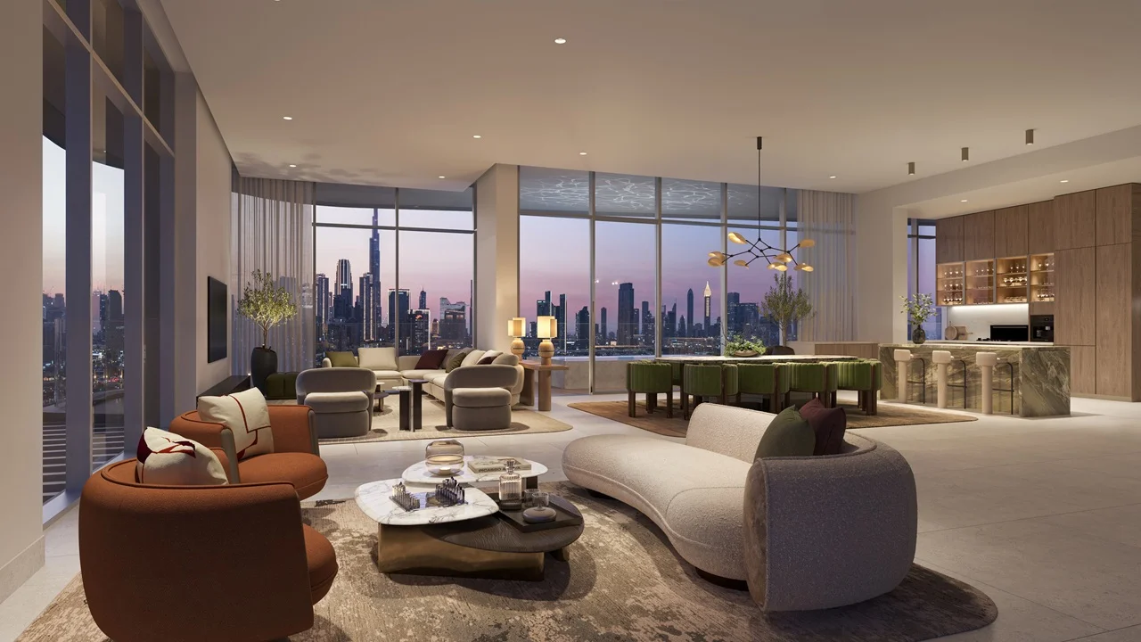 Artistry Two Residences by Select Group penthouse living room with open plan layout and panoramic Dubai skyline view in Dubai - Presented by Tohid Fetrat