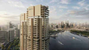 Artistry Two Residences by Select Group tower exterior with canal waterfront and Dubai skyline view in Dubai - Presented by Tohid Fetrat